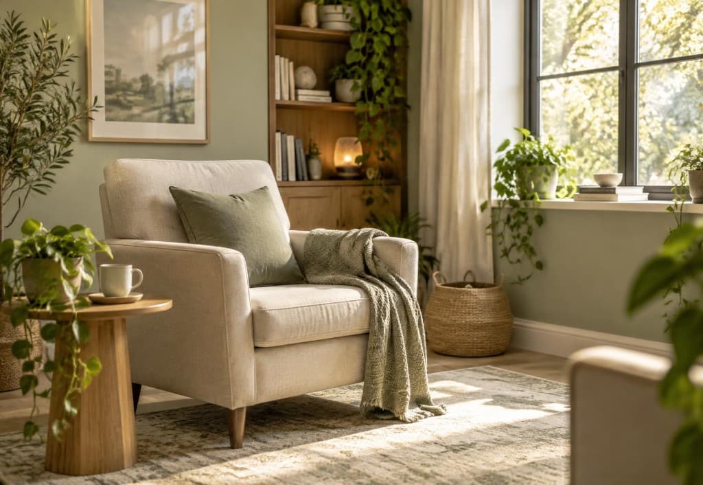 A calm, sunlit therapy room with an armchair and plants